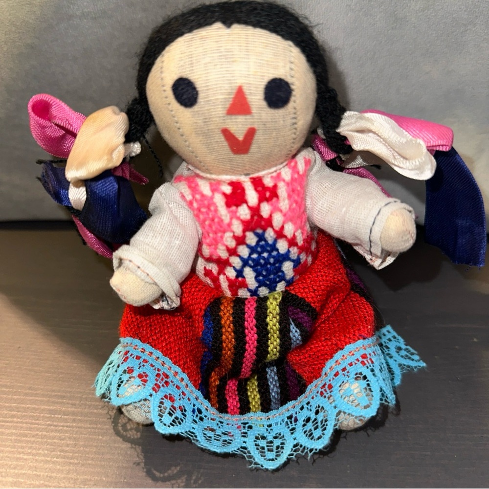 As-is Vintage Mexican Rag Doll Jointed Handmade Cloth Lace - Folk Art Mexico